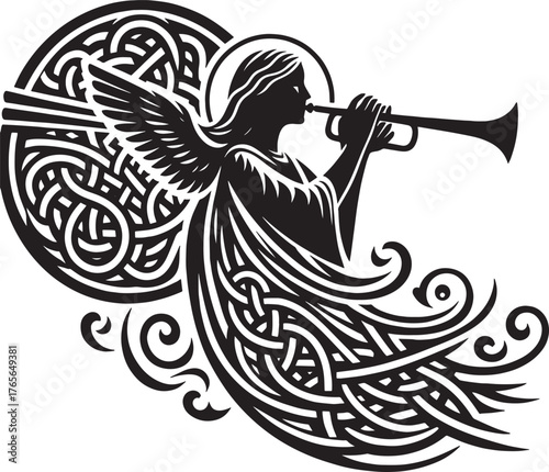 Elegant Silhouette of an Angel Playing a Trumpet with Celtic Kno