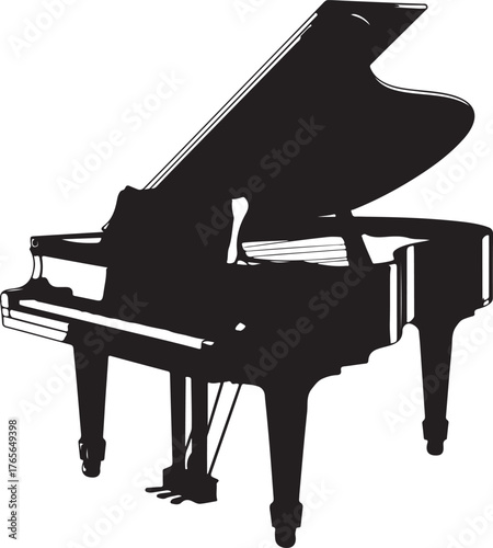 black silhouette of grand piano on white background, vector