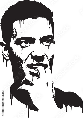 Dramatic monochromatic portrait of a man biting his lip with anx