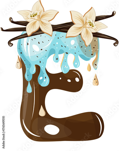 Vector letter "E" in the form of a chocolate dessert with light blue vanilla glaze, decorated with vanilla pods and flowers. An excellent element for creating a sweet alphabet, promotional materials