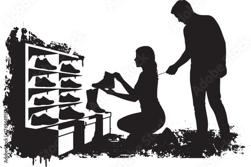 Silhouette illustration of a couple choosing shoes in a store wi