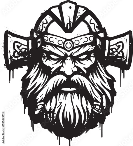 Monochrome portrayal of Norse god with helmet and axe details im