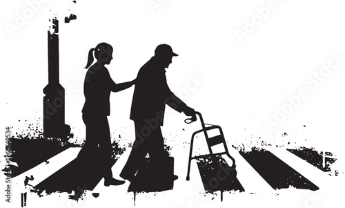 Elderly man assisted by a woman crossing a crosswalk in silhouet