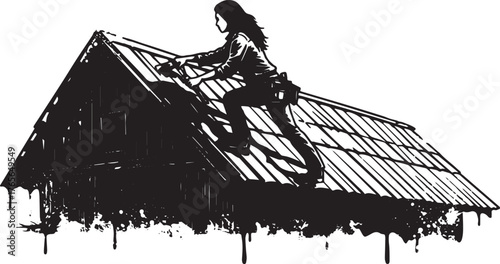 Skilled woman repairing and restoring a rustic roof with diligen