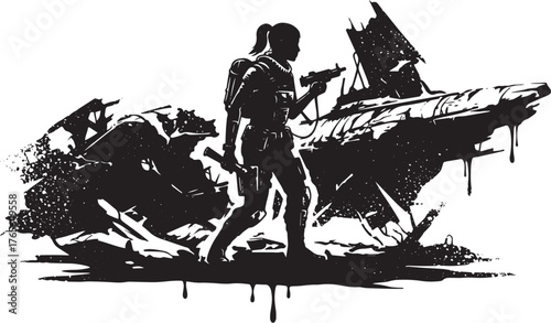 Monochromatic depiction a female survivalist amid a desolate urb