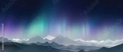 Winter landscape with polar lights, night starry sky, mountain landscape, vector illustration