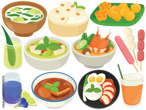 Vector Thai Food Clip Art Set Culture Cuisine Tom Yum Green Curry Mango Sticky Rice Pad Thai Illustration Isolated on White Background Graphic Restaurant Menu