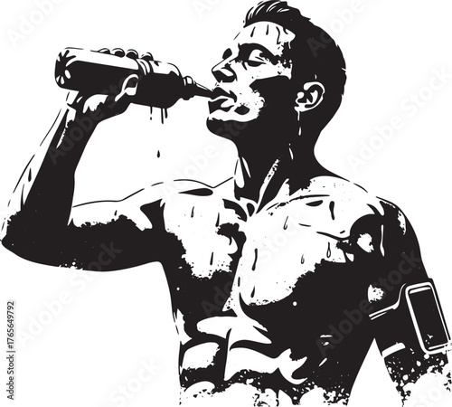 Monochrome illustration of athletic man replenishing fluids afte