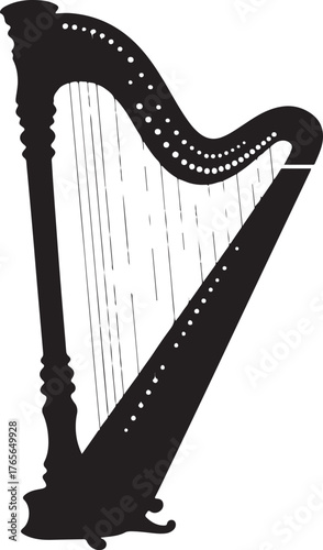 black silhouette of harp on white background, vector