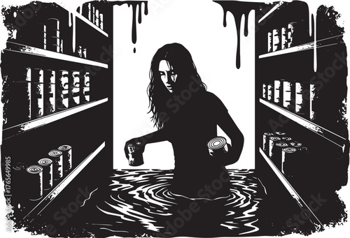 Monochromatic depiction of a woman in a flooded pantry with cann