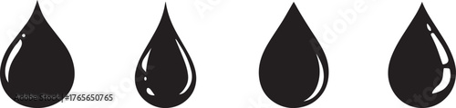 Minimalist vector illustration of four black liquid drop icons symbolizing oil, water, ink, or raindrops on a white background — clean design perfect for printing, branding, or web graphics.