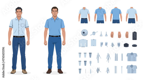 Full body illustration of two male mannequins displaying casual and formal outfits with a collection of clothing and accessories for customization
