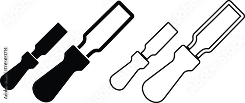 Black masonry chisel icon set, construction and stone carving tool collection, sculpting and brickwork equipment group in flat and line outline style industrial repair and workshop vector illustration