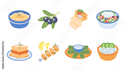 Greek cuisine icons set vector illustration