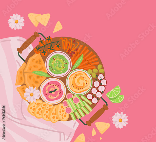 Dips and snacks platter vector illustration