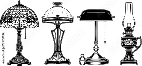 Four black desk lamps in different positions isolated on a white background, showcasing adjustable designs.