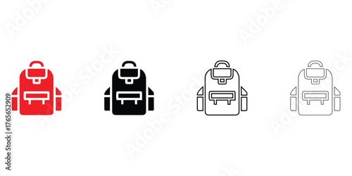 school bag vector icon set,  backpack icon symbol, schoolbag vector, silhouette and line art