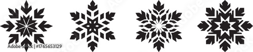 Elegant black geometric snowflake vector pattern set on white background — modern minimal winter ornament, Nordic-inspired symmetrical snowflake design for festive and decorative use