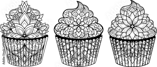 Monochrome drawing of a cupcake features swirled frosting and a floral topping vector silhouette illustration beautiful floral pattern set 
