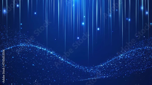 Blue abstract background with shimmering particle wave and vertical light beams creating a futuristic digital design