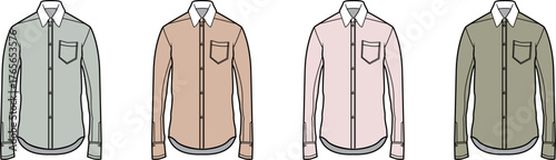 Set of four men's casual long-sleeve button-down shirts in different colors. Vector illustration template for fashion apparel and clothing design
