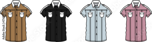 Four Different Colored Short-Sleeved Button-Down Shirts Displayed Side-by-Side Against a White Background
