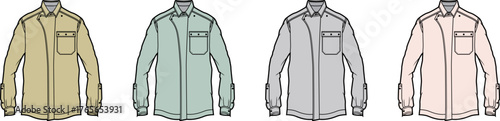 Technical flat sketch collection of men's long-sleeve button-down shirts with a single chest pocket, displayed in a variety of colorways