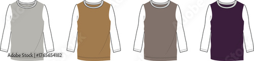 Collection of four long-sleeved t-shirts in different colors gray, brown, dark gray, and purple