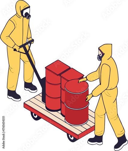 Hazardous waste disposal workers in yellow suits moving toxic chemical barrels using handlift in isometric industrial factory illustration.