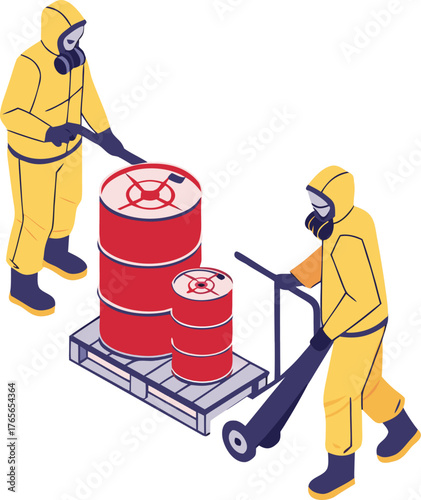 Workers in yellow protective suits handling toxic waste containers with handlift in isometric industrial plant illustration.