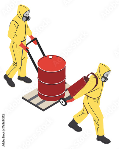 Industrial safety illustration showing toxic waste workers in yellow hazmat suits moving chemical barrels in isometric vector style.