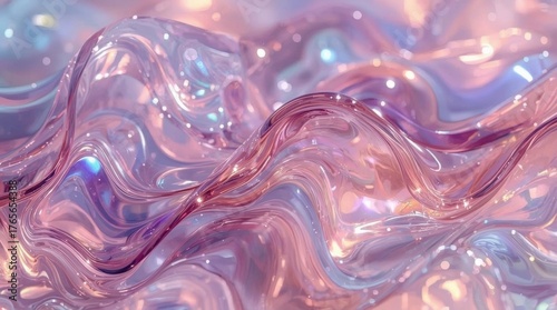 Shimmering iridescent waves of liquid glass reflecting soft light, creating a dreamy, ethereal, and elegant abstract background