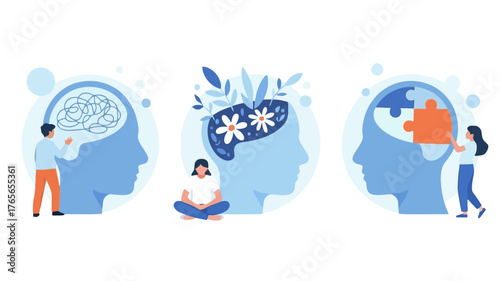 Conceptual illustration of mental health and psychology with people interacting with stylized human heads and brain imagery representing thought processes and well being