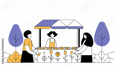 A wide shot of volunteers setting up a community garden booth joyfully handing out plants and seeds to eager participants with blooming flowers adding a touch of color.