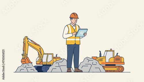 Construction engineer working on a building site, reviewing project plans on a digital tablet with an excavator and bulldozer, supervising heavy machinery operations