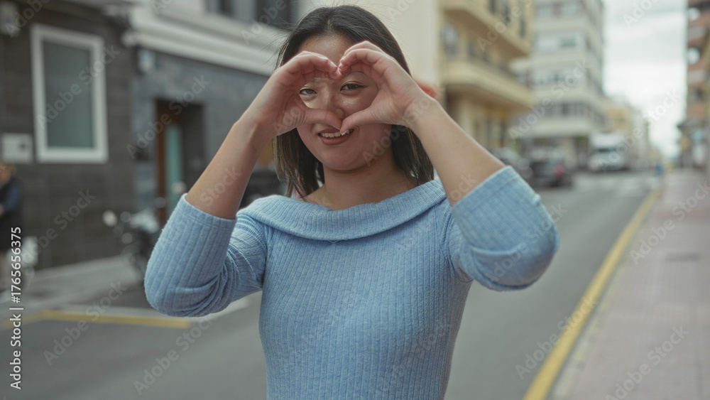 Fototapeta premium Woman in blue sweater making a heart shape with hands smiles on a city street showcasing joy and connection in an urban outdoor setting.