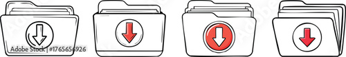 Simple elegant outline of folder with download arrow representing file storage document management and digital archive