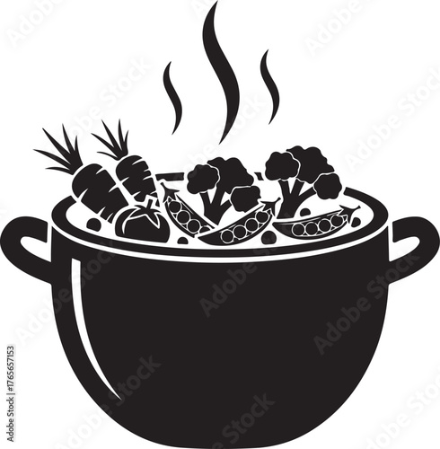 Vector art of a steaming pot filled with fresh vegetables like carrots, broccoli, and peas, symbolizing healthy cooking and nutrition, icon on