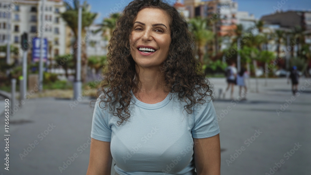 Fototapeta premium Young hispanic woman winks with one eye at the camera on a sunlit city street lined with palm trees; playful charm.