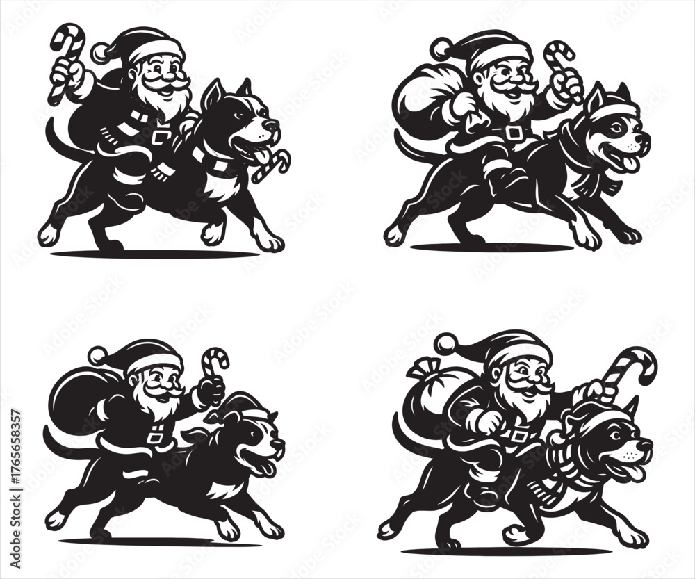 Fototapeta premium Santa Claus Riding Husky Dog Christmas Vector Set | Festive Santa with Candy Cane and Gift Bag | Adorable Holiday Pet Illustration Collection