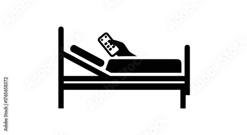 Person relaxing in bed holding a remote control for entertainment.