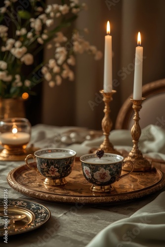 Elegant tea setting with floral cups, lit candles, and delicate flowers evokes warmth and luxury