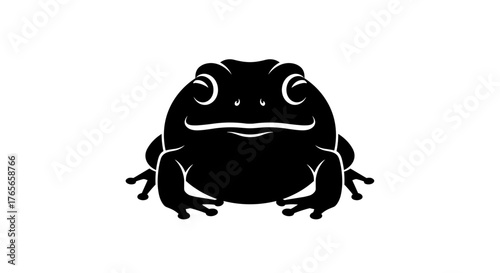 Simple Black Silhouette of a Smiling Frog on a White Background.