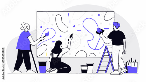 A harmonious mix of individuals painting a mural on a large canvas each showcasing their unique artistic styles with paint splatters and tools tered around them.
