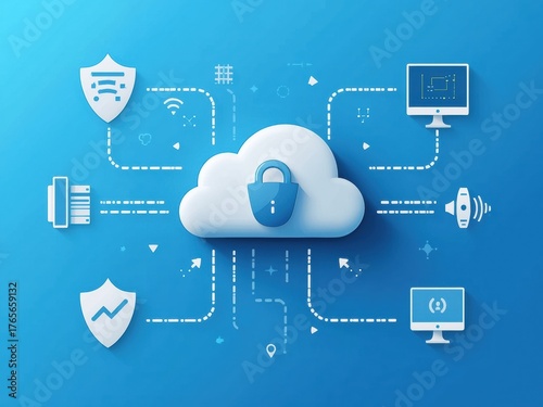 Secure cloud data protection with network security icons and digital connections symbolizing cybersecurity and online privacy