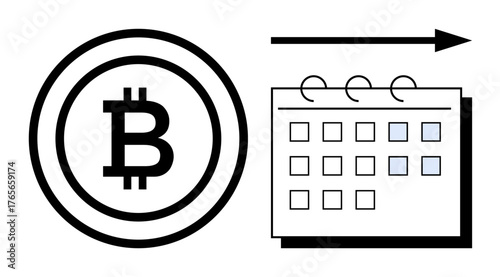 Bitcoin symbol, calendar with marked days, right-facing arrow illustrating future outlook. Ideal for blockchain, investment, economics, planning, digital currency fintech forecasting. Simple flat