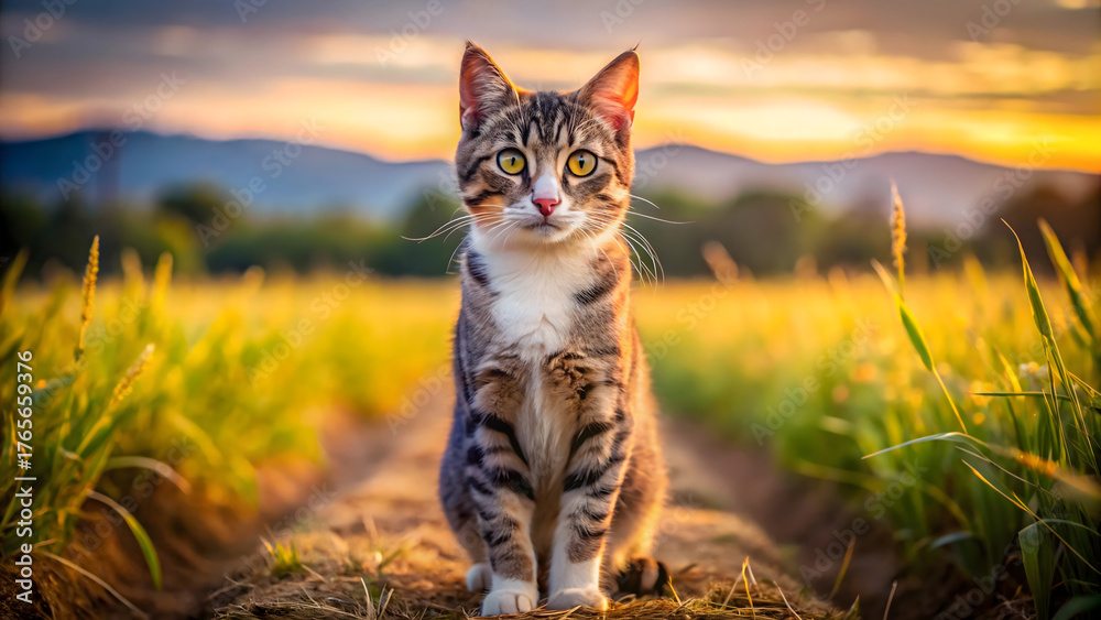 Obraz premium Vertical shot of a cute cat on background of a field