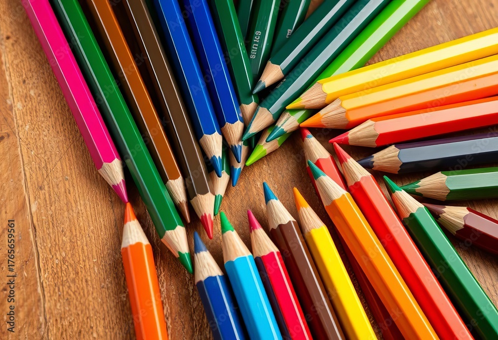 Fototapeta premium Vibrant colored pencils arranged on a wooden surface, artist, wood
