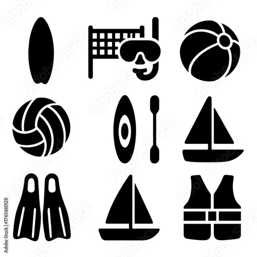 Beach activities silhouette icons set. featuring surfboard, volleyball, goggles, paddle, boat, and life jacket