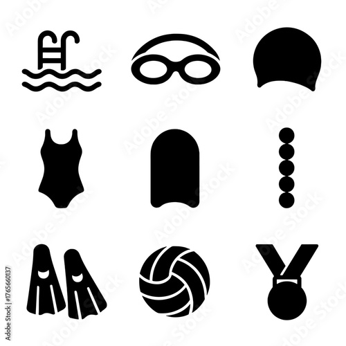 Water sports silhouette icons set. featuring swimming pool, goggles, swim cap, swimsuit, kickboard, and flippers